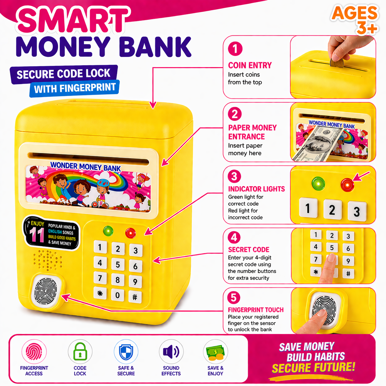 Nextgen Toys Kids Electronic Money Bank with Fingerprint Lock & PIN Security
