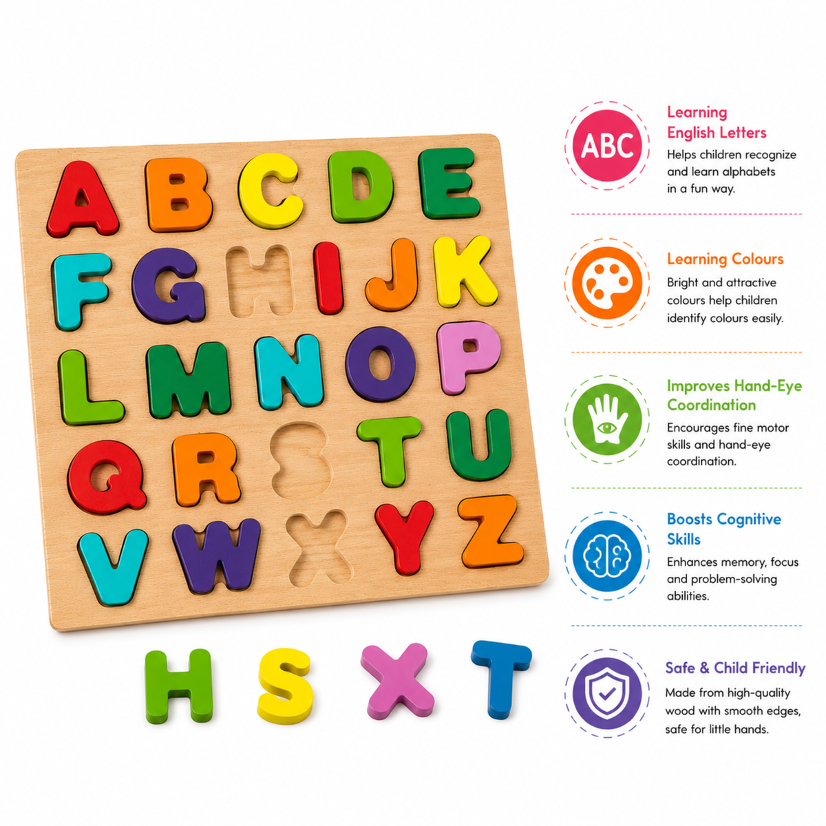 Features of the wooden alphabet puzzle board for kids