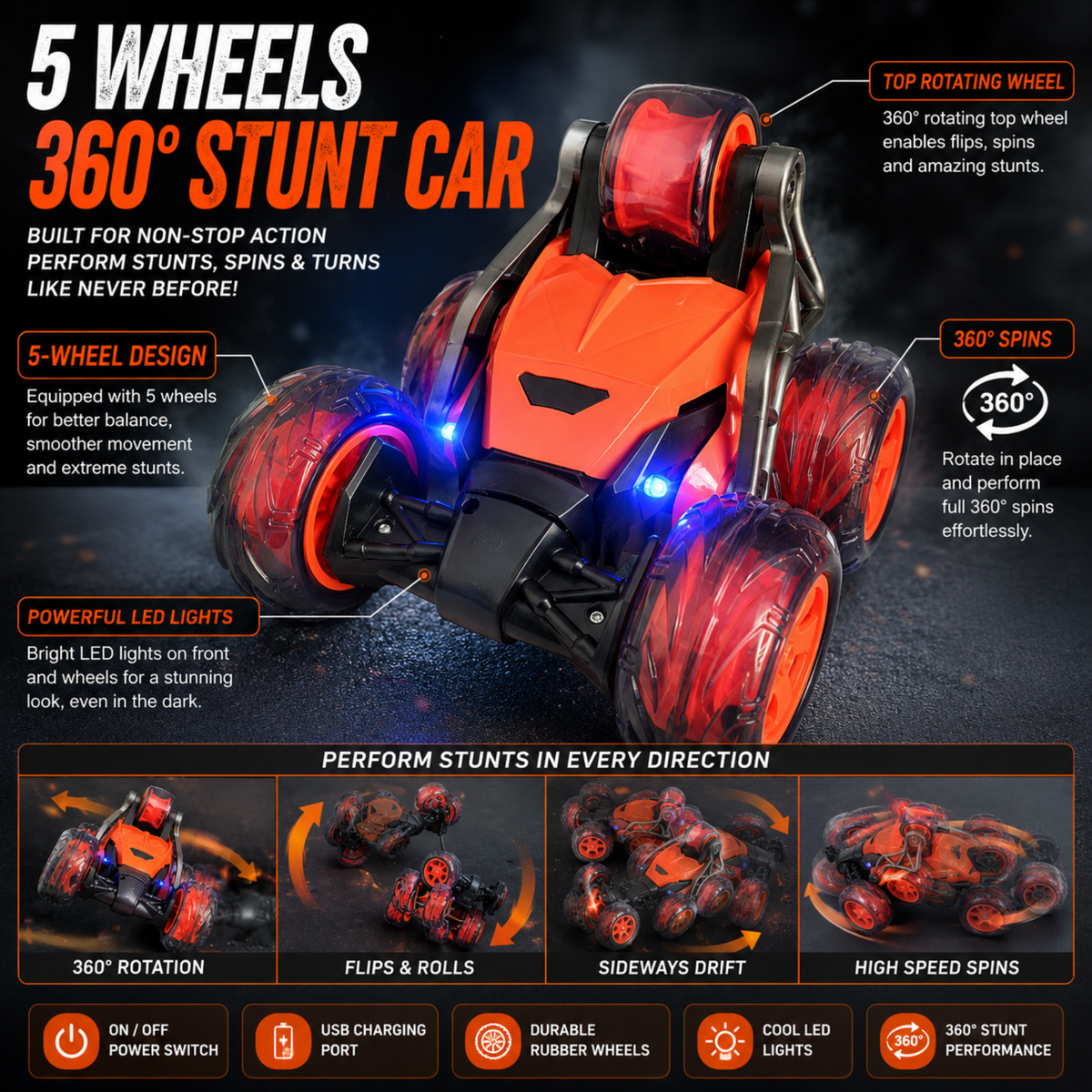 5-Wheel 360° RC Stunt Car with LED Lights – view 5