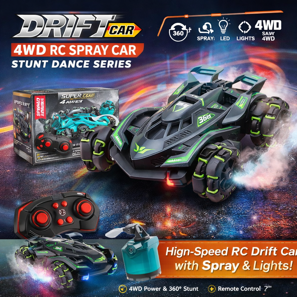RC Drift Stunt Car 4WD with Spray Mist & LED Lights – 360° Rotation, 2.4GHz Remote Control
