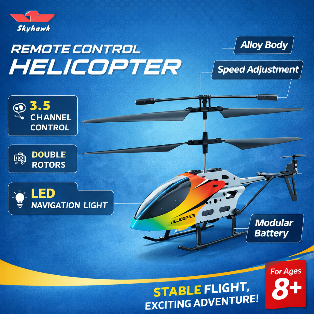 Skyhawk Remote Control Helicopter – 3.5 Channel RC Helicopter with LED Lights (2.4GHz, Alloy Body)