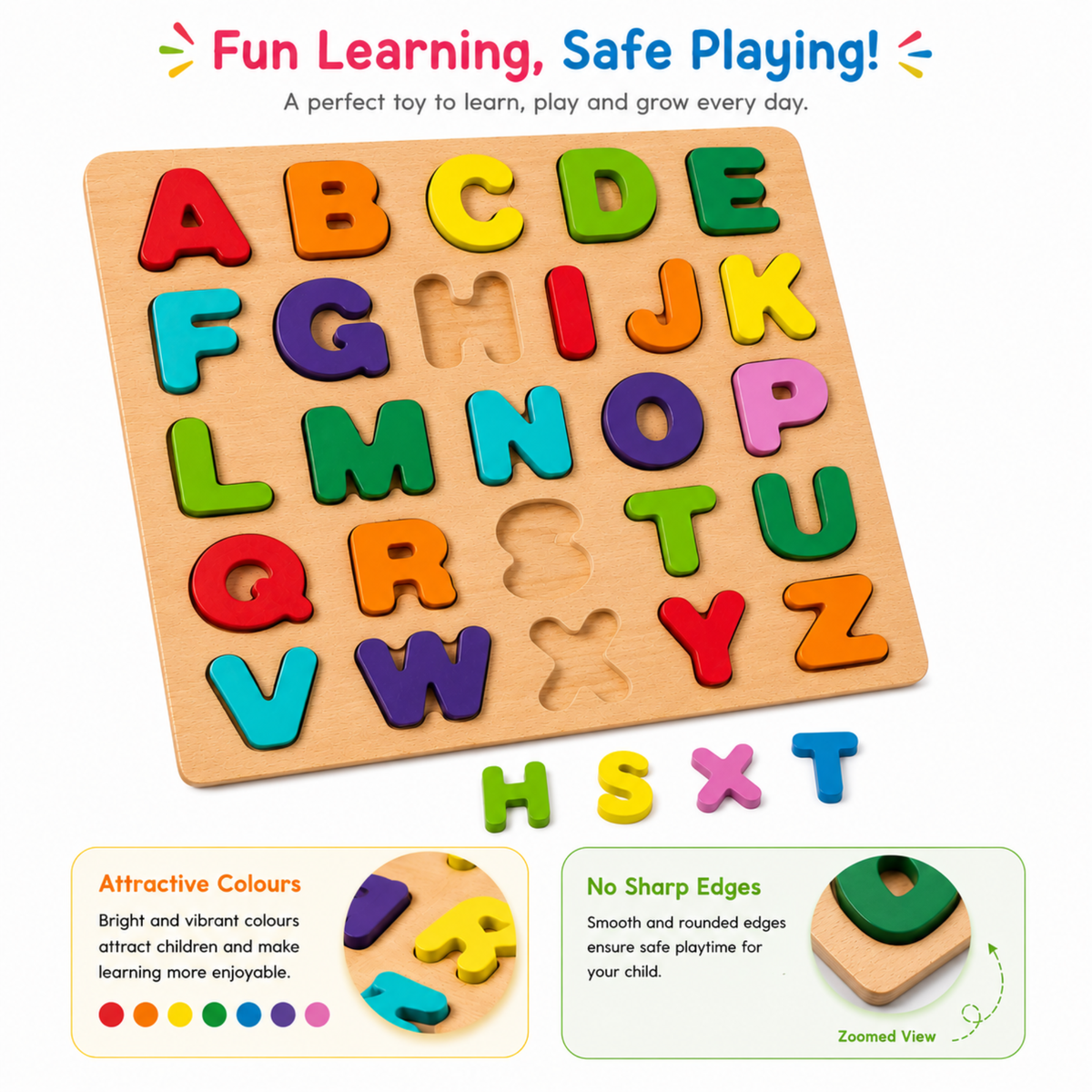 Wooden A to Z puzzle board with letter pieces set out