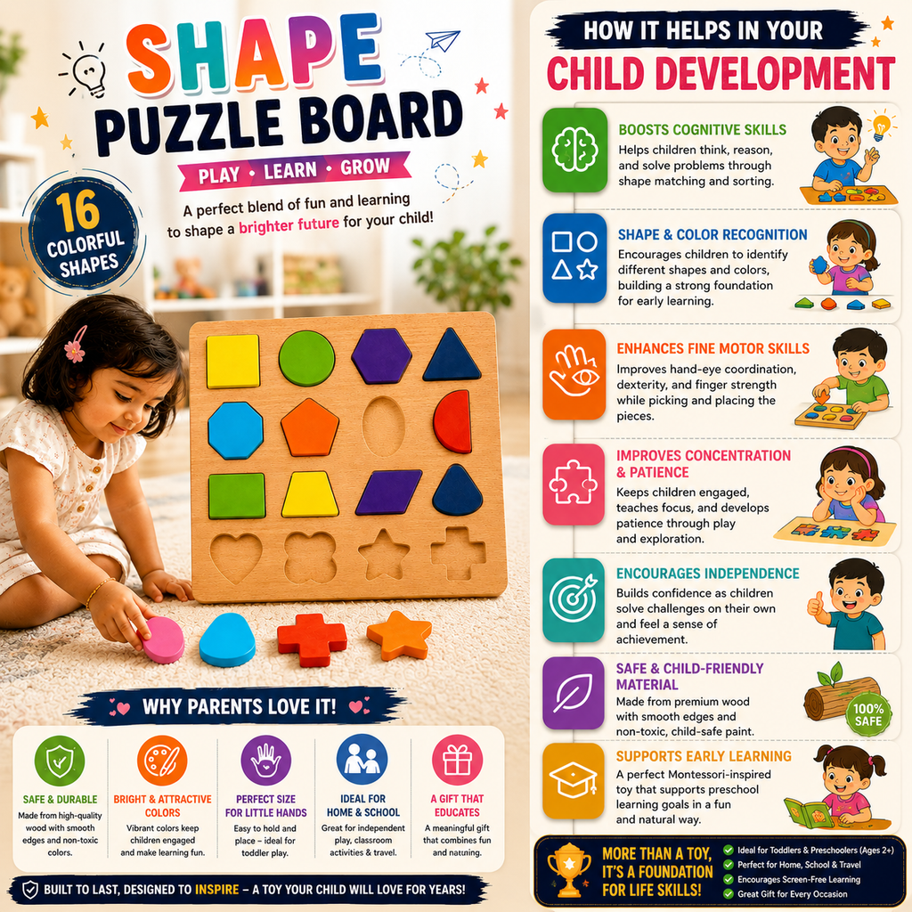 Colourful wooden shape pieces next to the shapes puzzle board
