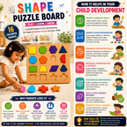 Colourful wooden shape pieces next to the shapes puzzle board