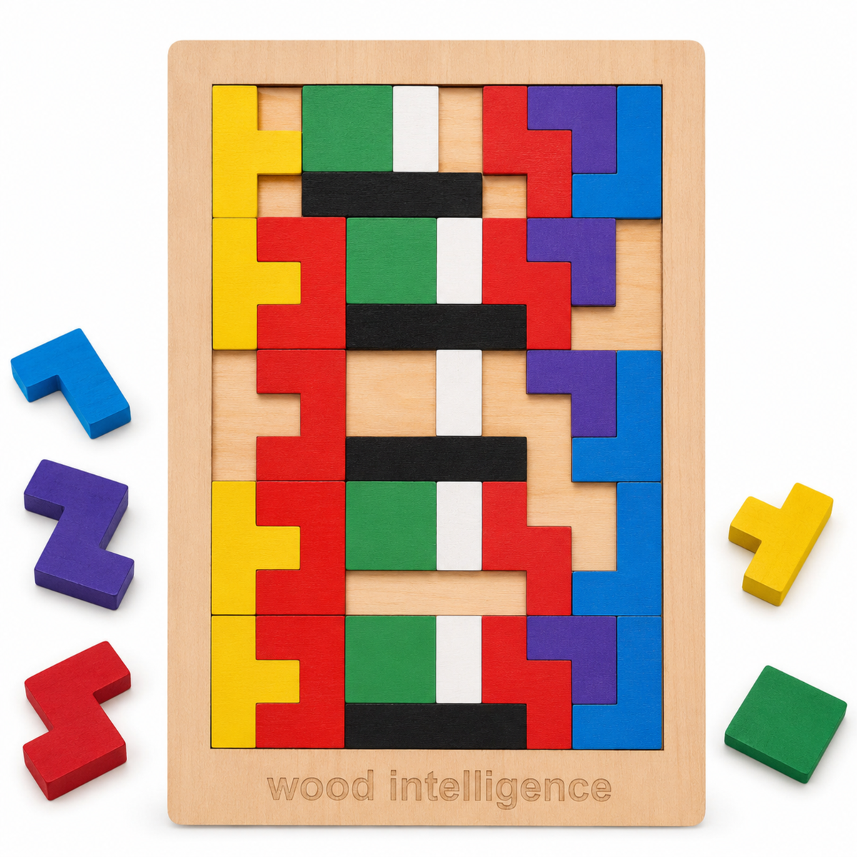 Close-up of the wooden shape blocks from the intelligence puzzle