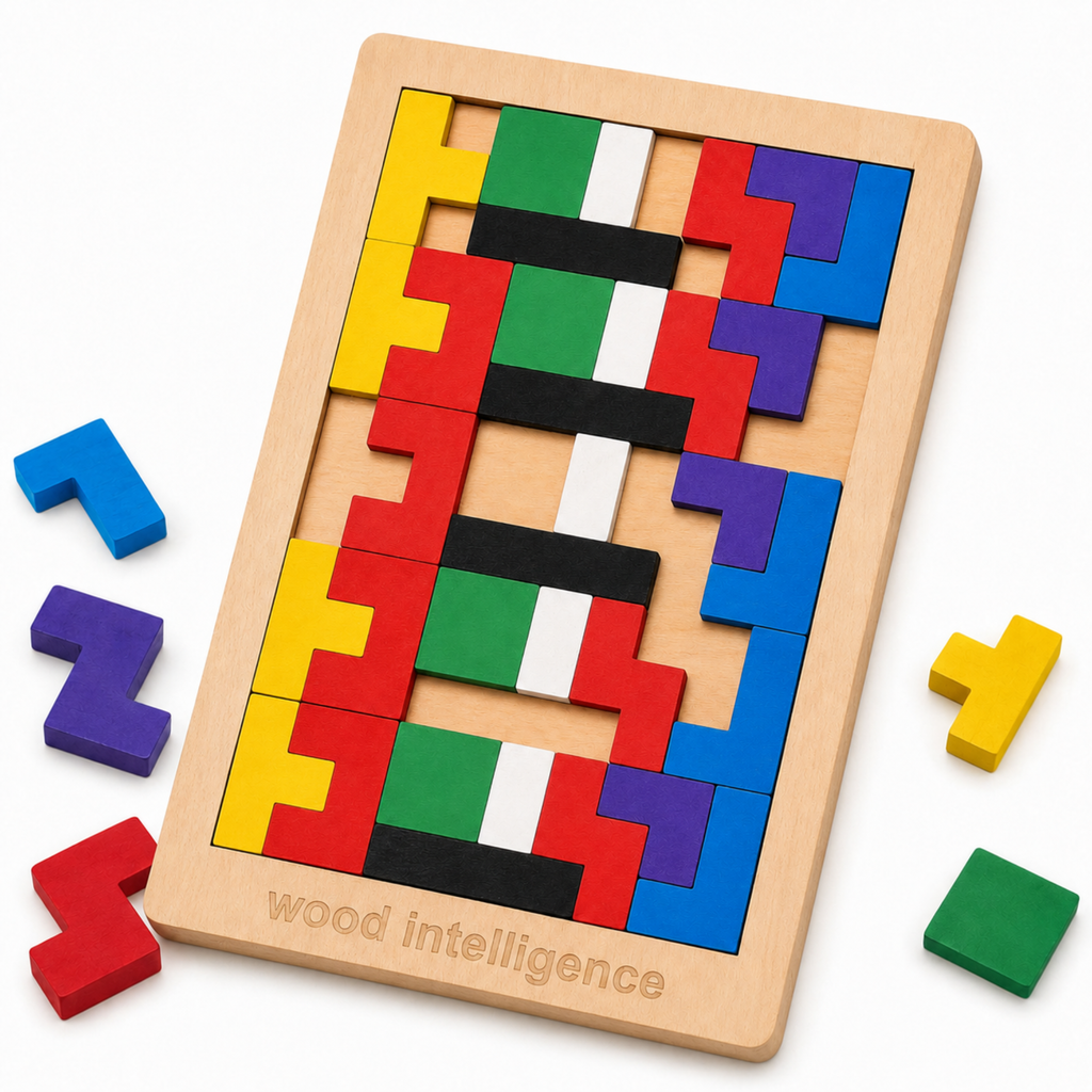 Wooden intelligence puzzle board with colourful shape blocks