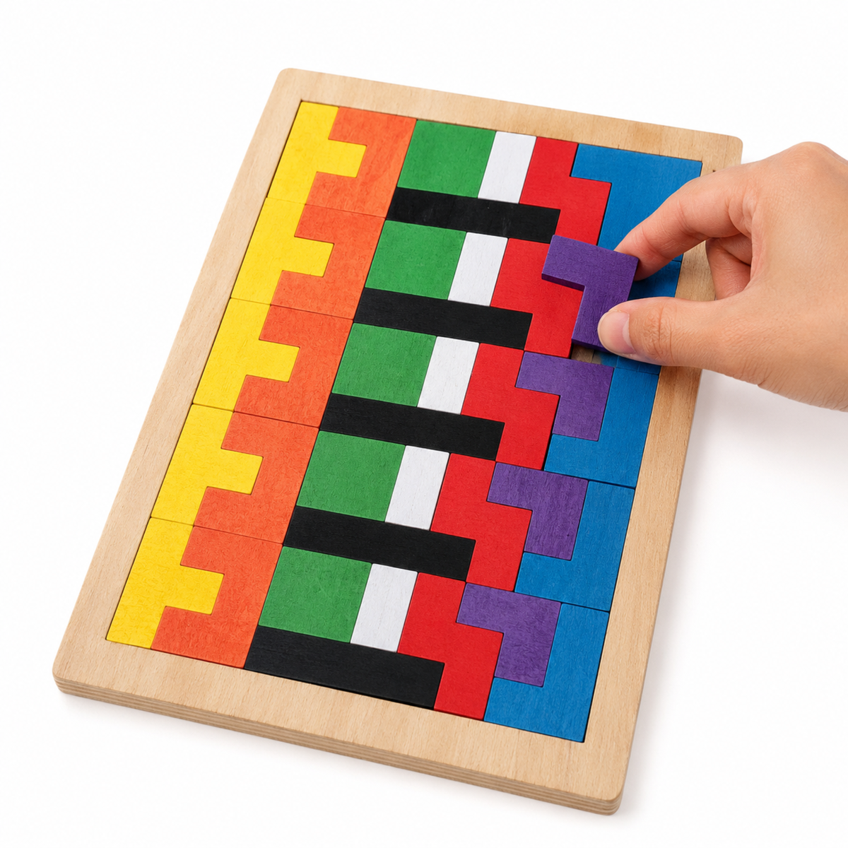 Wooden intelligence puzzle board with blocks set out beside it