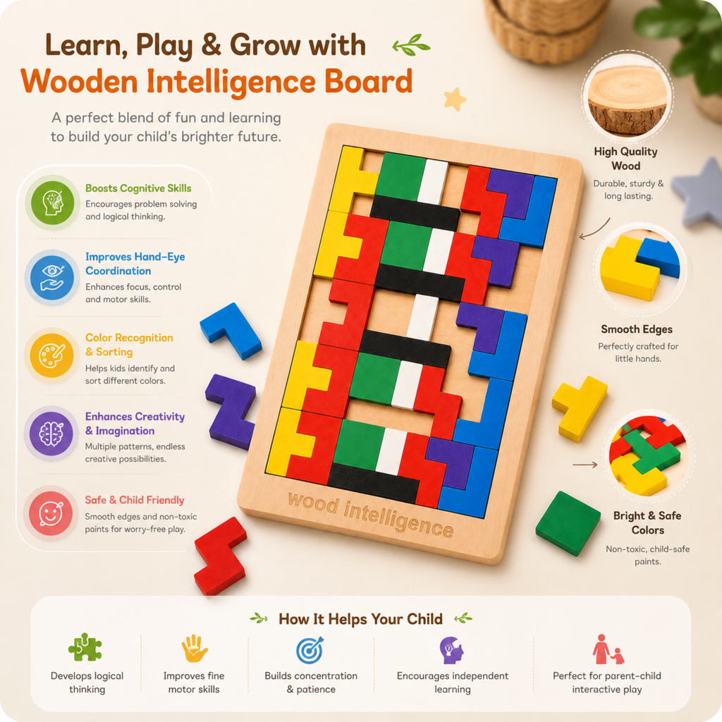 Colourful wooden blocks arranged into a pattern on the puzzle board