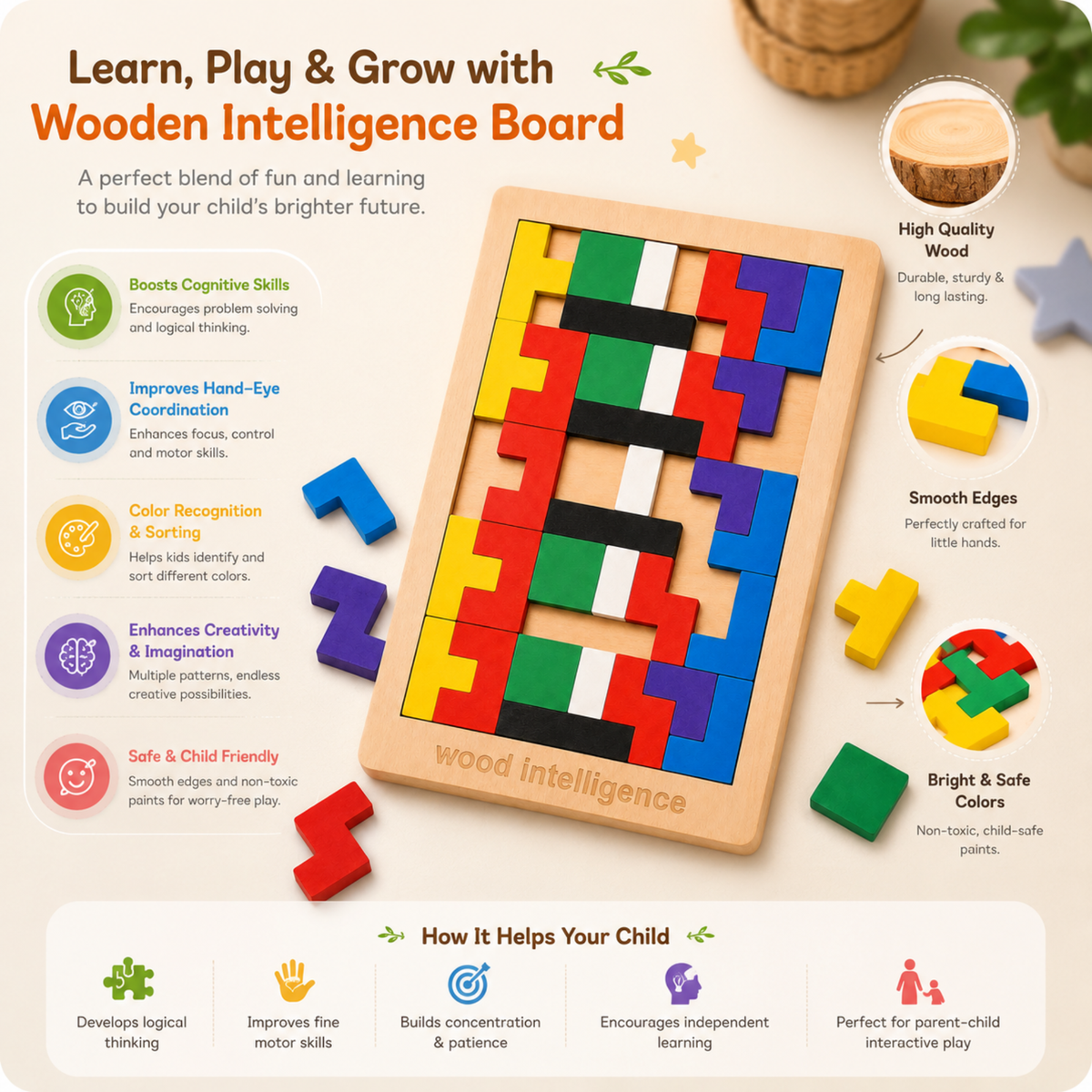 Colourful wooden blocks arranged into a pattern on the puzzle board
