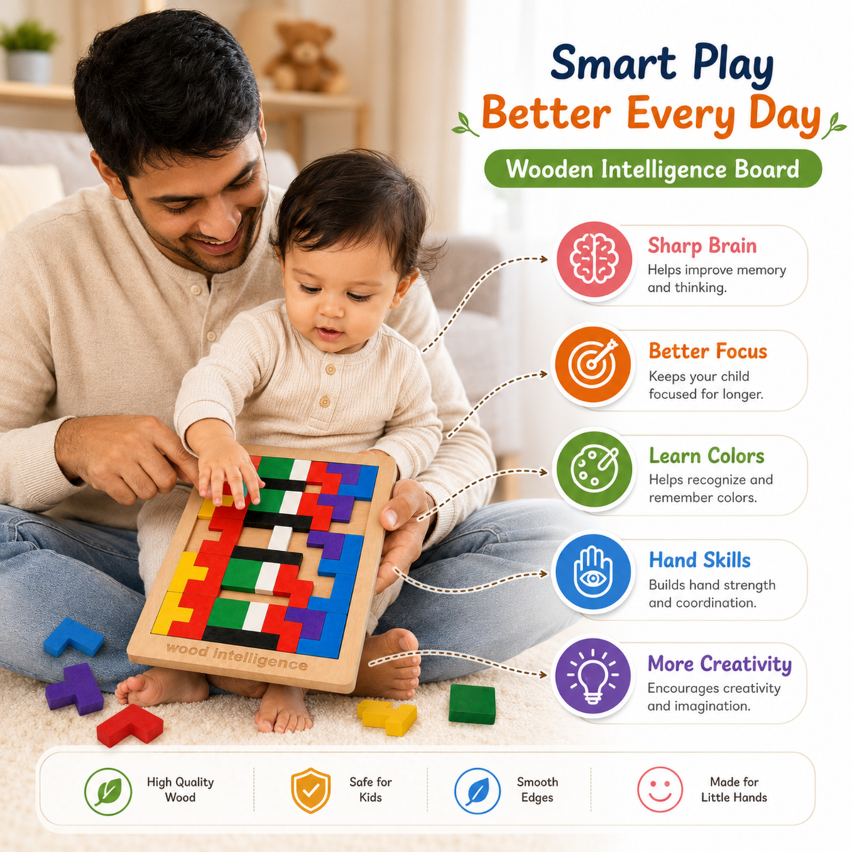 Wooden intelligence puzzle board for kids, top view
