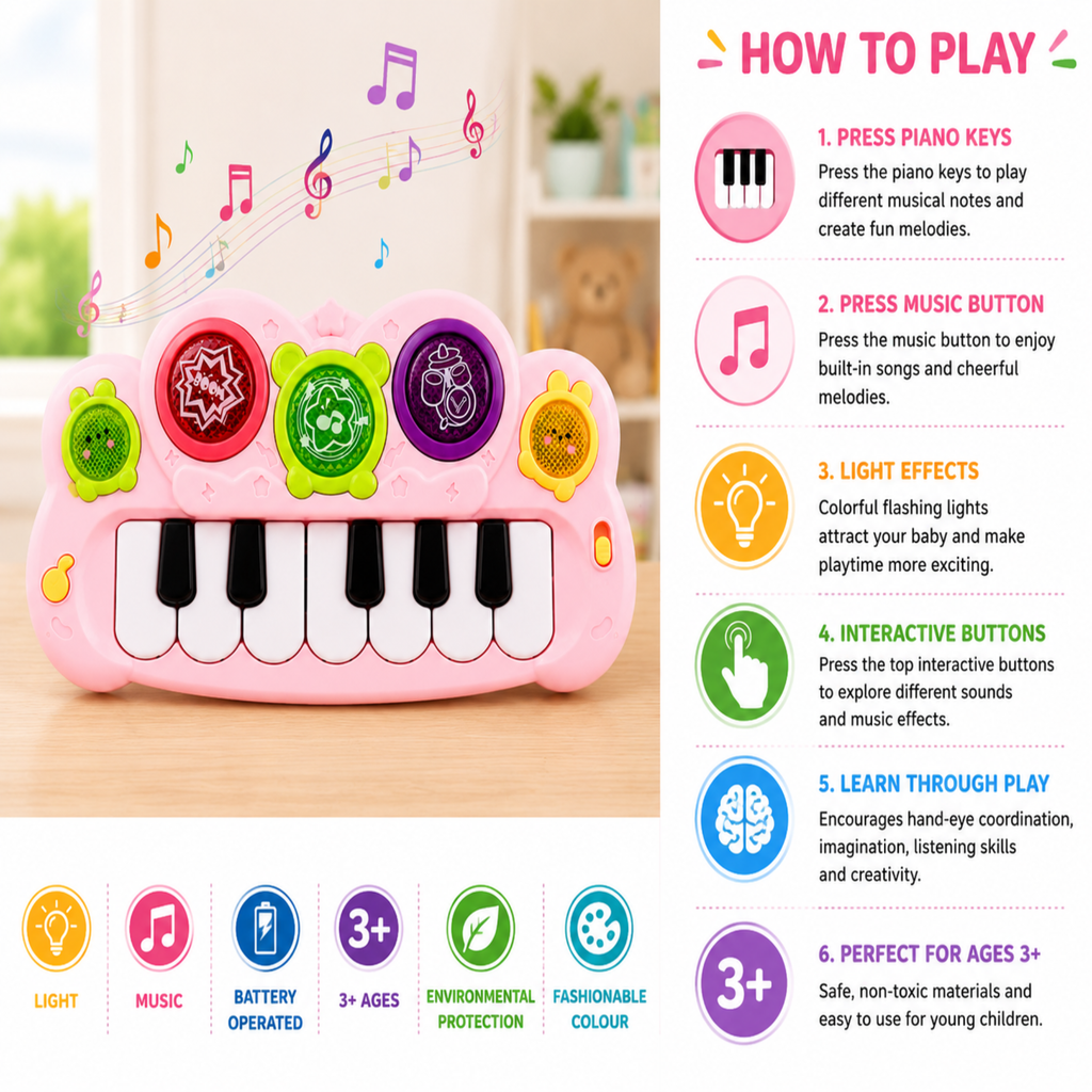 Electronic Cartoon Piano Keyboard Toy for Kids | Musical Learning Piano with Lights & Sound | Battery Operated Educational Music Toy for Boys & Girls | Early Learning Toy | Age 3+ Years