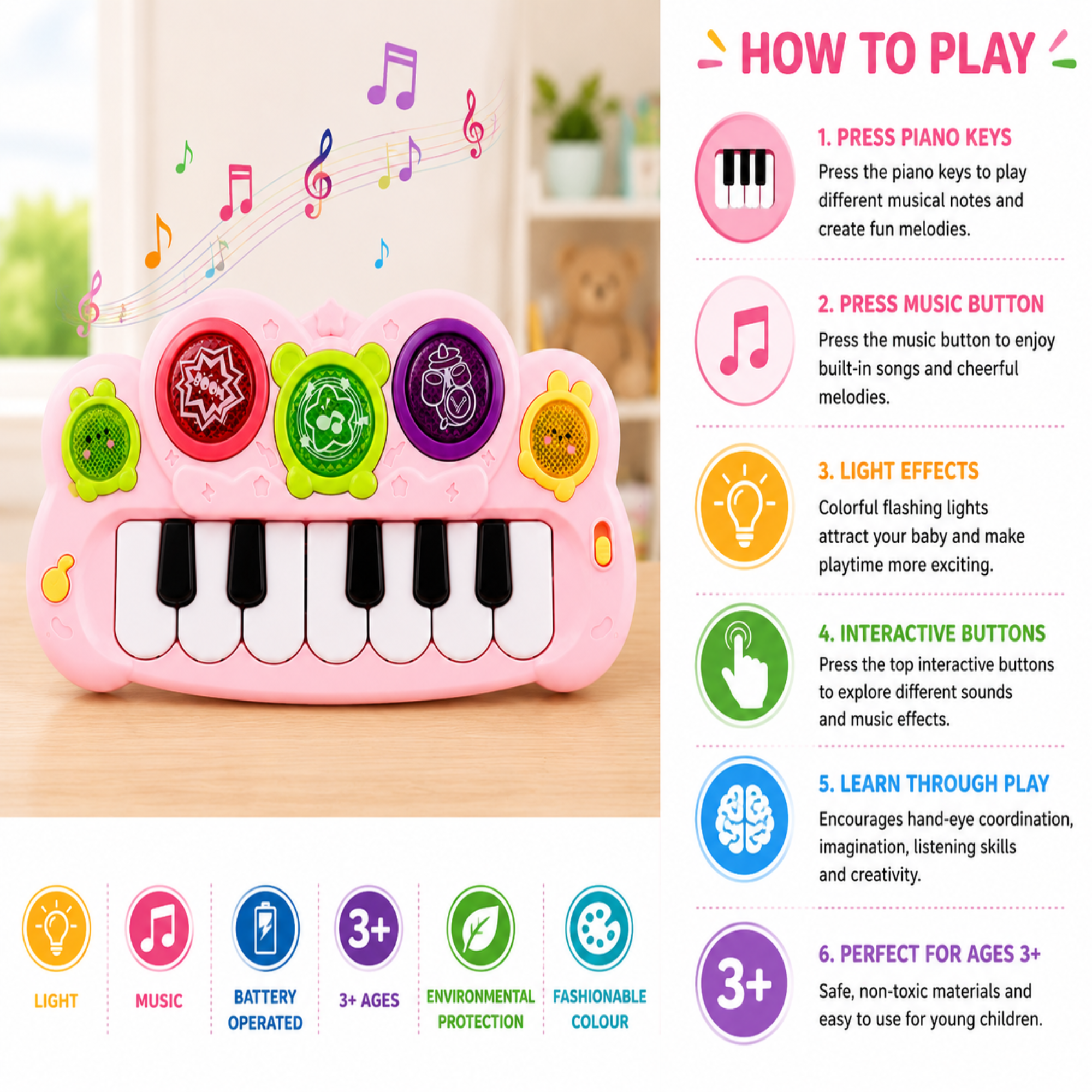 Electronic Cartoon Piano Keyboard Toy for Kids | Musical Learning Piano with Lights & Sound | Battery Operated Educational Music Toy for Boys & Girls | Early Learning Toy | Age 3+ Years