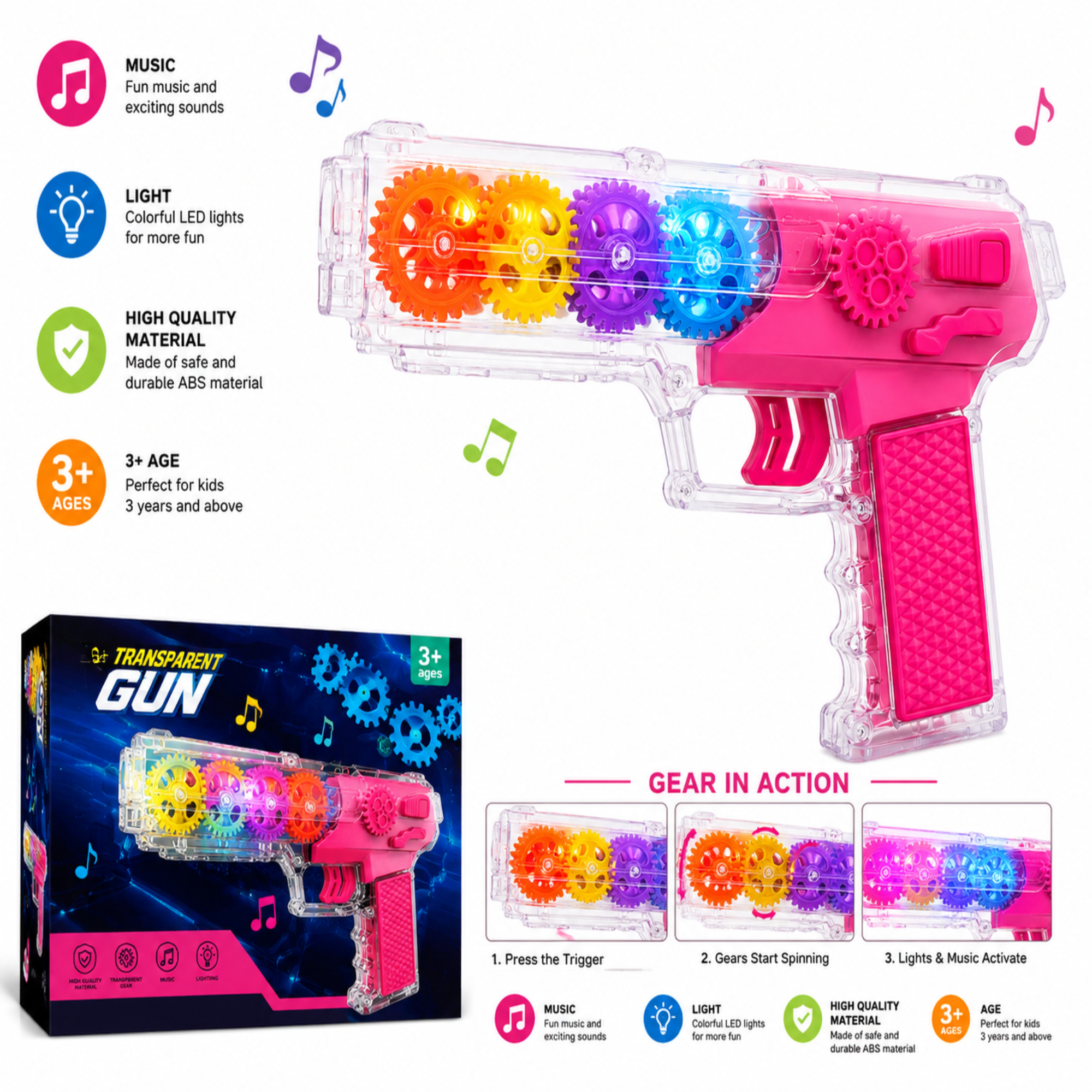 Transparent Gear Gun Toy for Kids | Colorful Rotating Gears with LED Lights & Music | Battery Operated Light & Sound Toy Gun | Educational Sensory Toy for Boys & Girls | Age 3+ Years