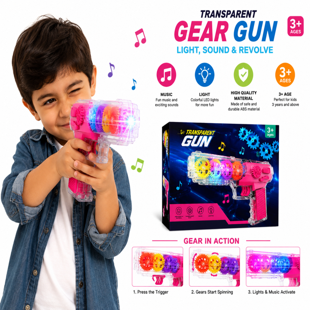 Transparent Gear Gun Toy for Kids | Colorful Rotating Gears with LED Lights & Music | Battery Operated Light & Sound Toy Gun | Educational Sensory Toy for Boys & Girls | Age 3+ Years