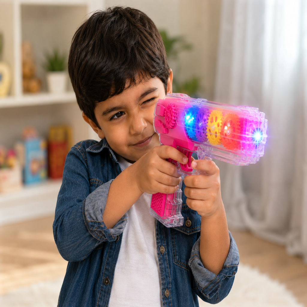 Transparent Gear Gun Toy for Kids | Colorful Rotating Gears with LED Lights & Music | Battery Operated Light & Sound Toy Gun | Educational Sensory Toy for Boys & Girls | Age 3+ Years