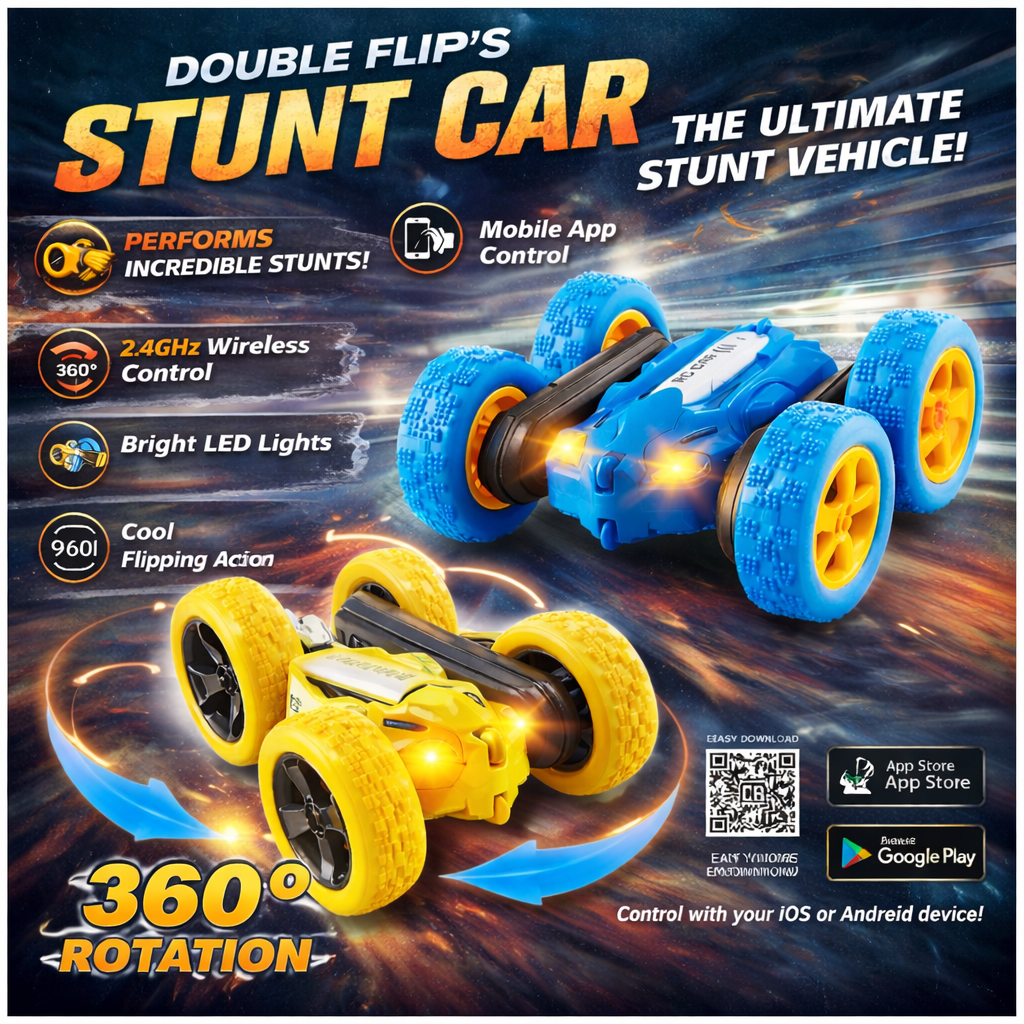 360° Double Flip RC Stunt Car with LED Lights & App Control – Rechargeable Toy Car for Kids