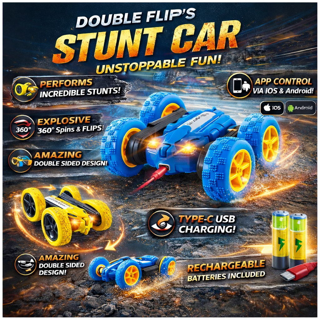 360° Double Flip RC Stunt Car with LED Lights & App Control – Rechargeable Toy Car for Kids