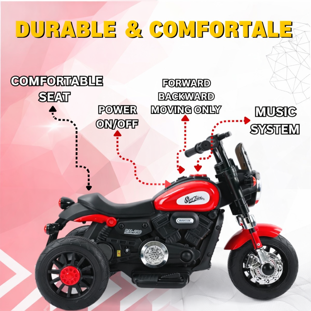 Kids Battery Operated Ride On Bike – Red & Black | Music & LED Lights