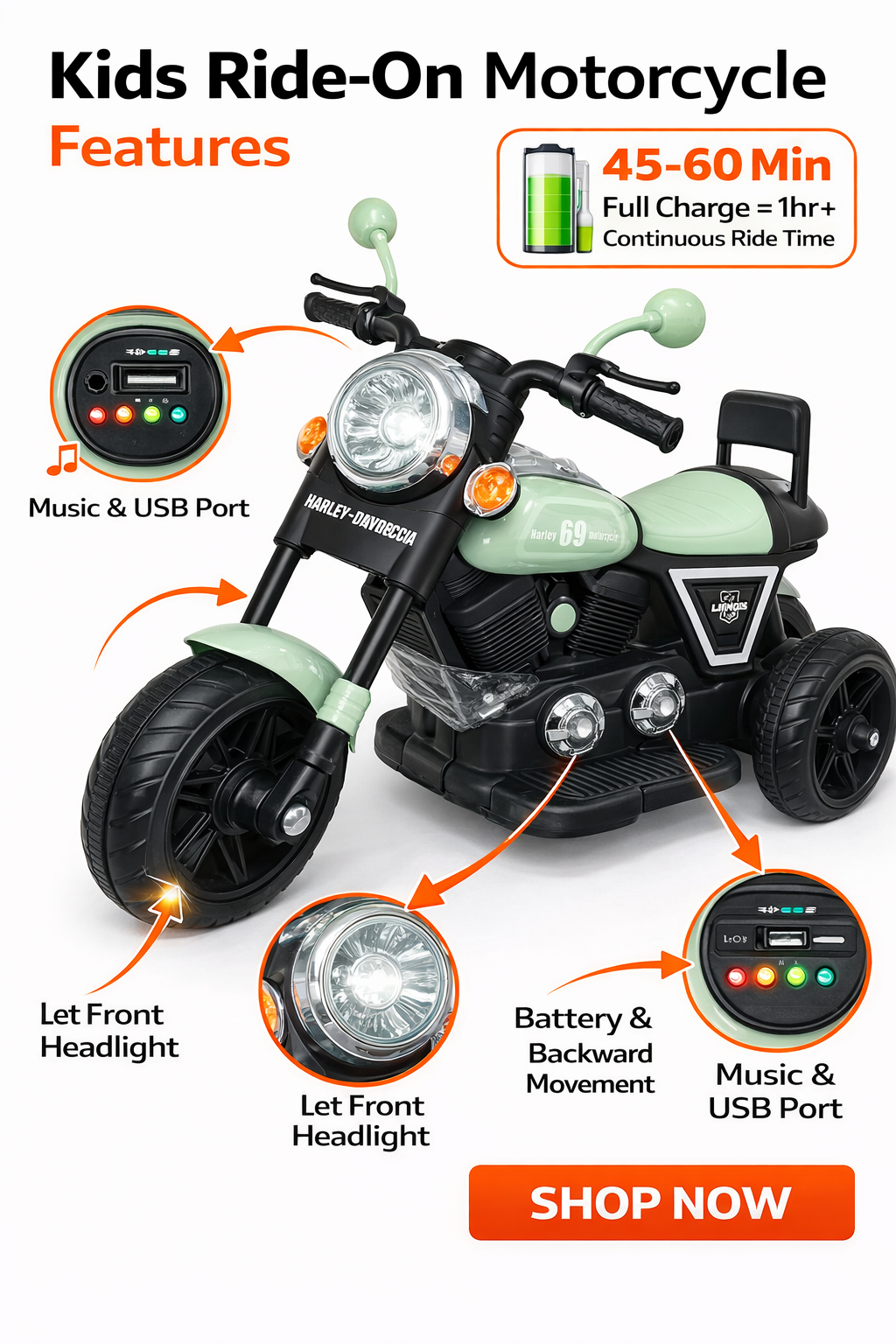 Kids Battery Operated Ride On Bike – Blue | Music, LED Lights & Big Wheels