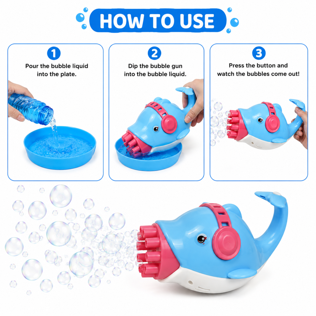 NextGen Toys Automatic Dolphin Bubble Gun for Kids | Electric Bubble Machine with 8-Hole Bubble Blaster | Bubble Maker Toy with Light & Music | Outdoor Bubble Shooter for Boys & Girls | Birthday Gift Toy (Blue)
