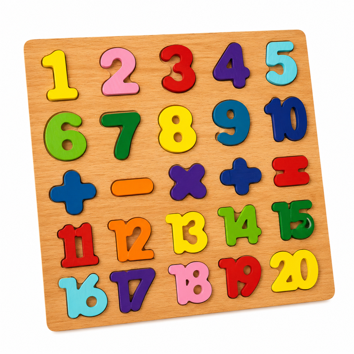 Wooden number puzzle board with colourful 1 to 20 pieces