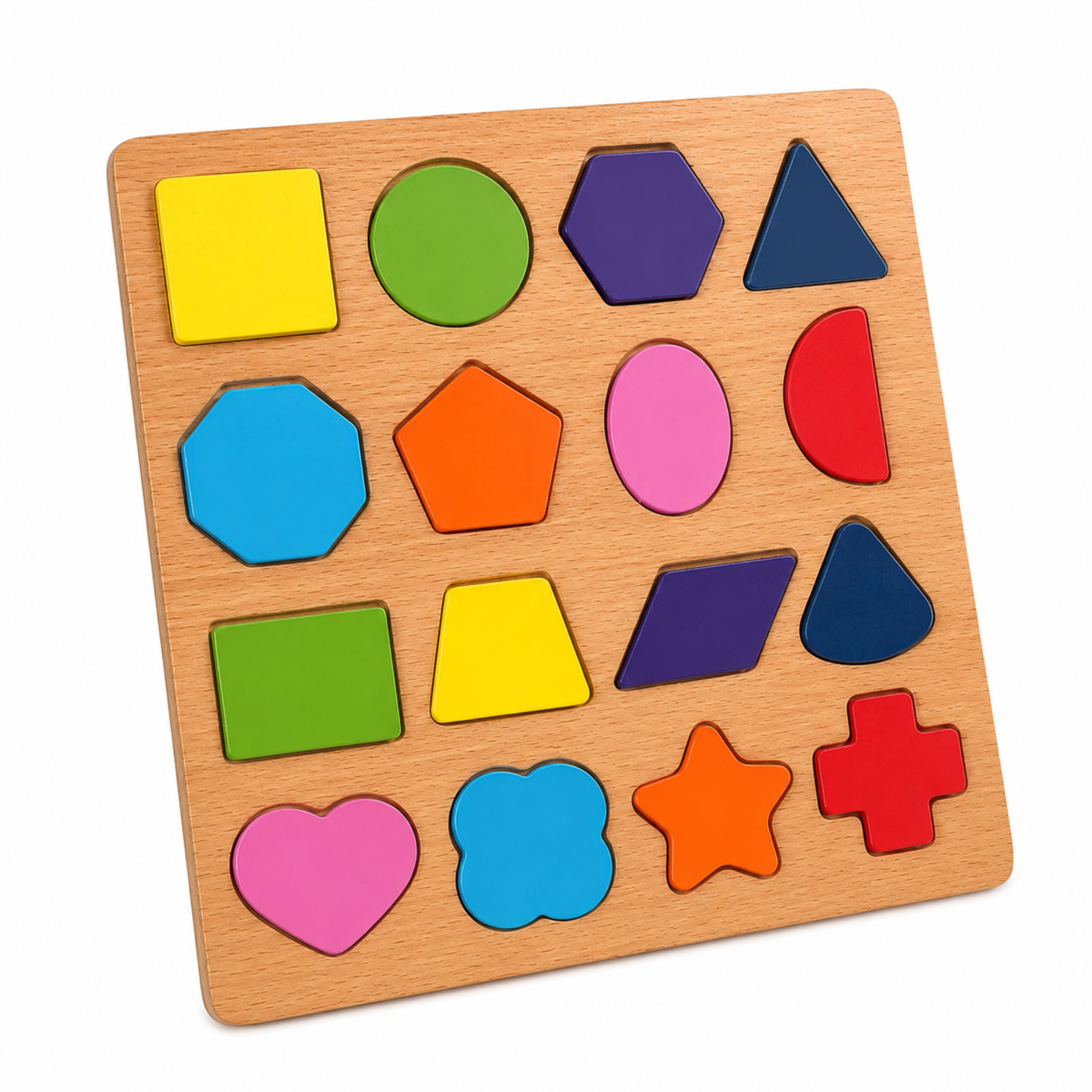 Wooden shape sorting puzzle board, top view