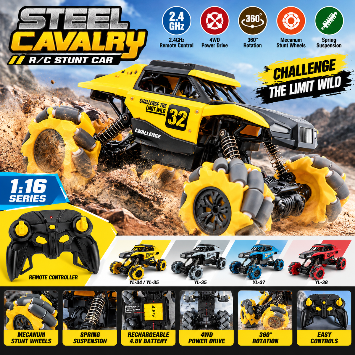 Next Gen Toys 1:16 RC Stunt Car with 360° Rotation & Mecanum Wheels – Multicolor