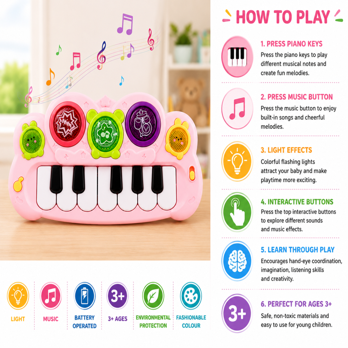 Cartoon Piano Keyboard with Lights & Sound – view 5