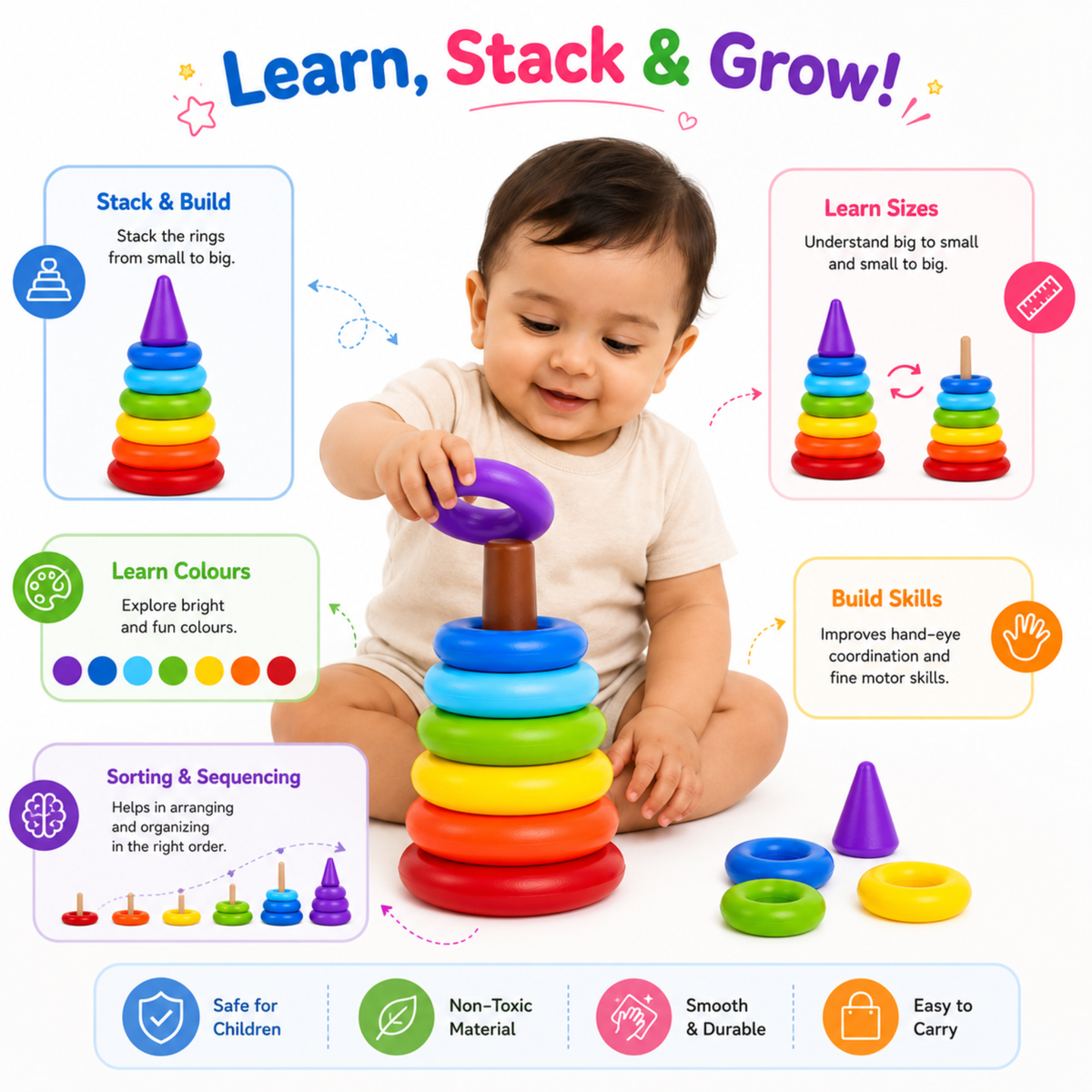 Child learning with the colourful stacking rings toy