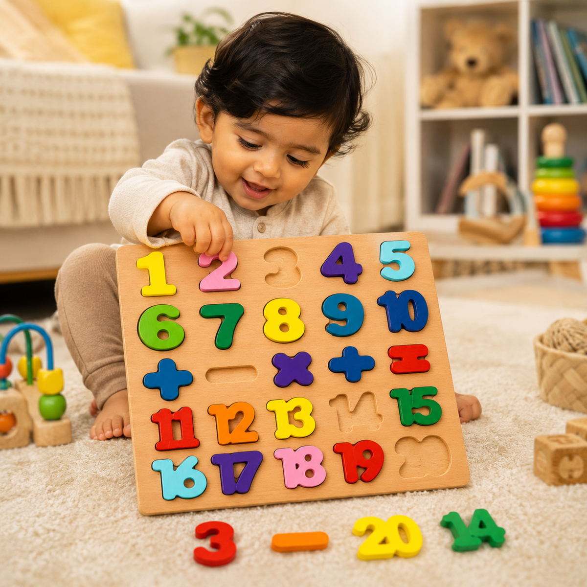 Child playing with the wooden number puzzle board