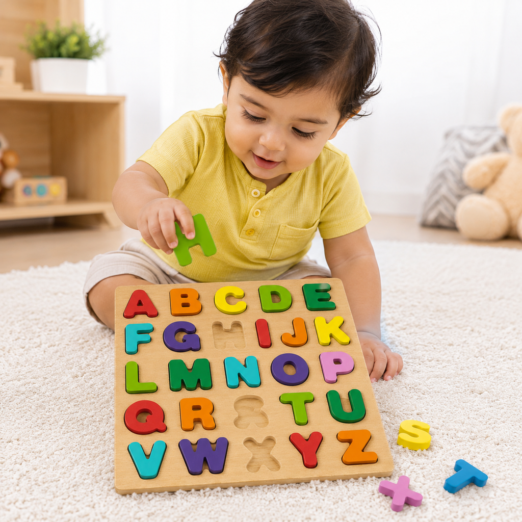 Child playing with the wooden alphabet puzzle board