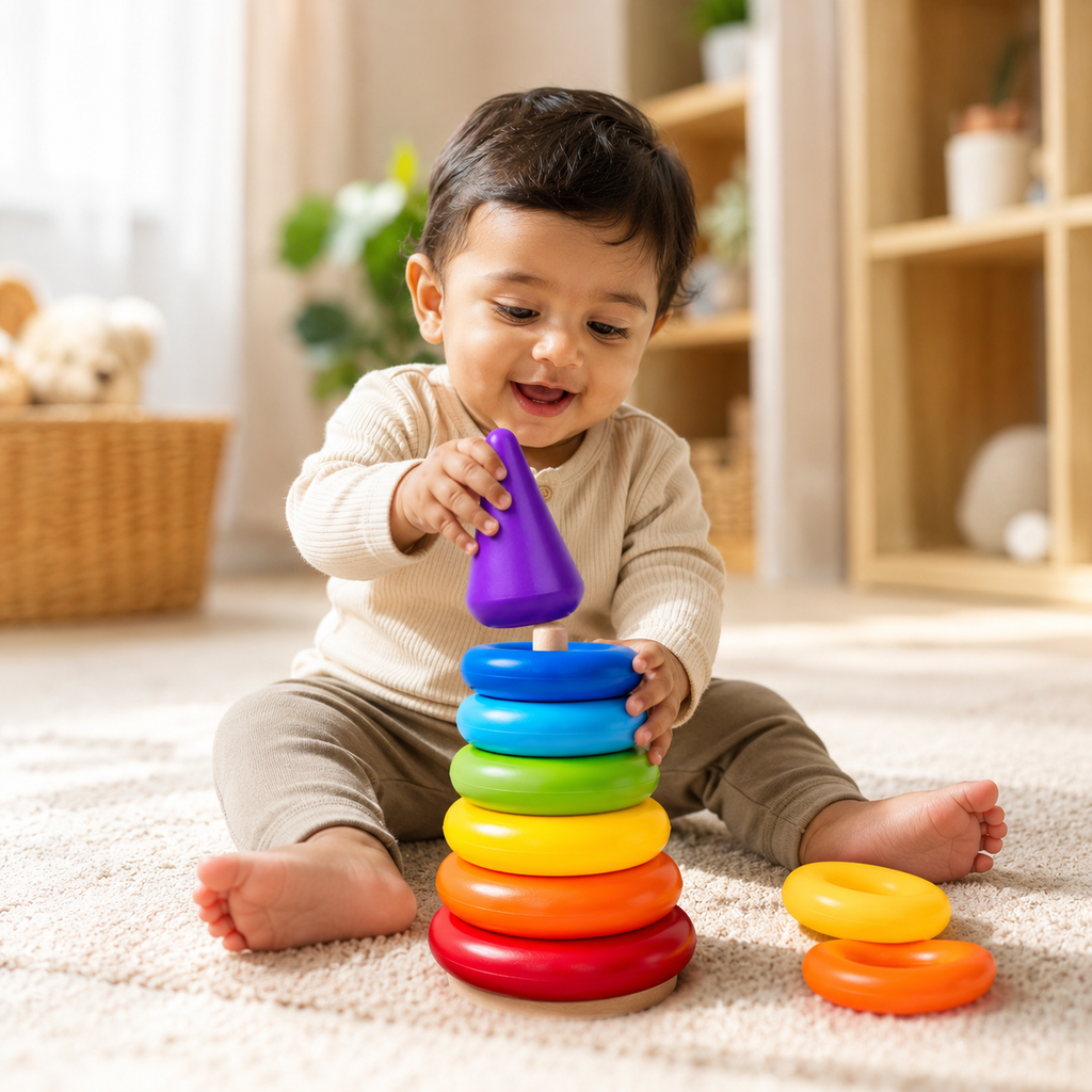 Stacking rings toy with the rings set out beside the stand