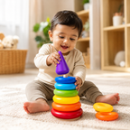 Stacking rings toy with the rings set out beside the stand