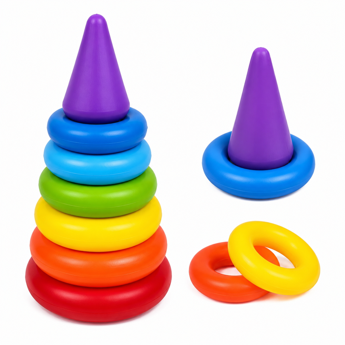 Stacking rings toy with 6 colourful rings on a stand