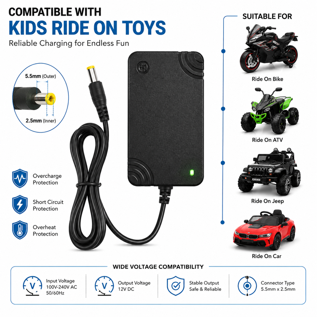 12V Ride-On Battery Charger with LED Indicator – 5.5 mm Pin – view 3