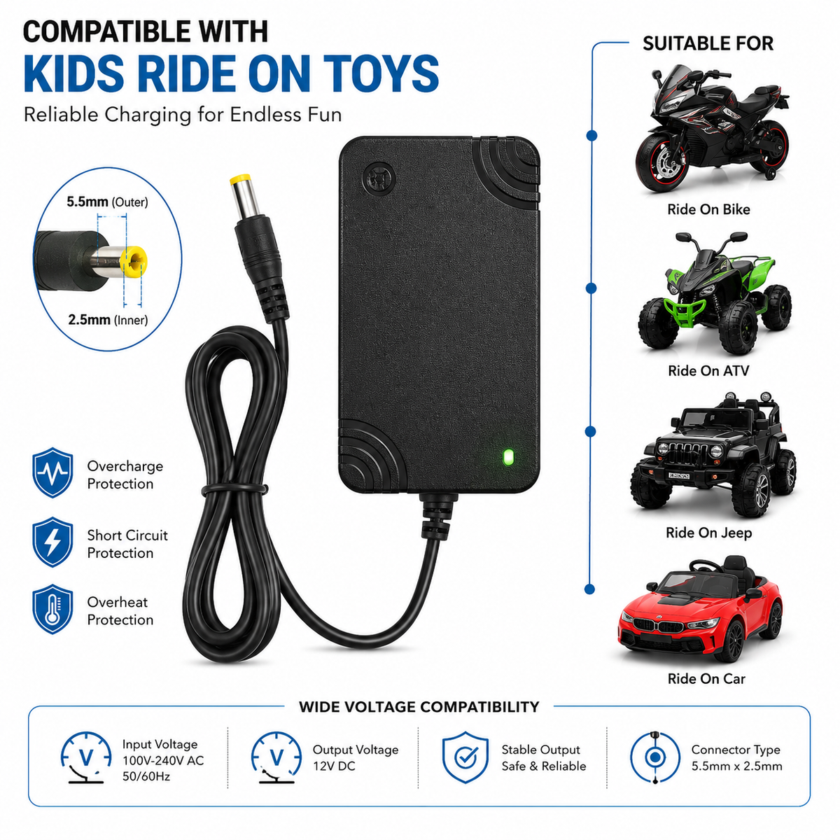 12V Ride-On Battery Charger with LED Indicator – 5.5 mm Pin – view 3