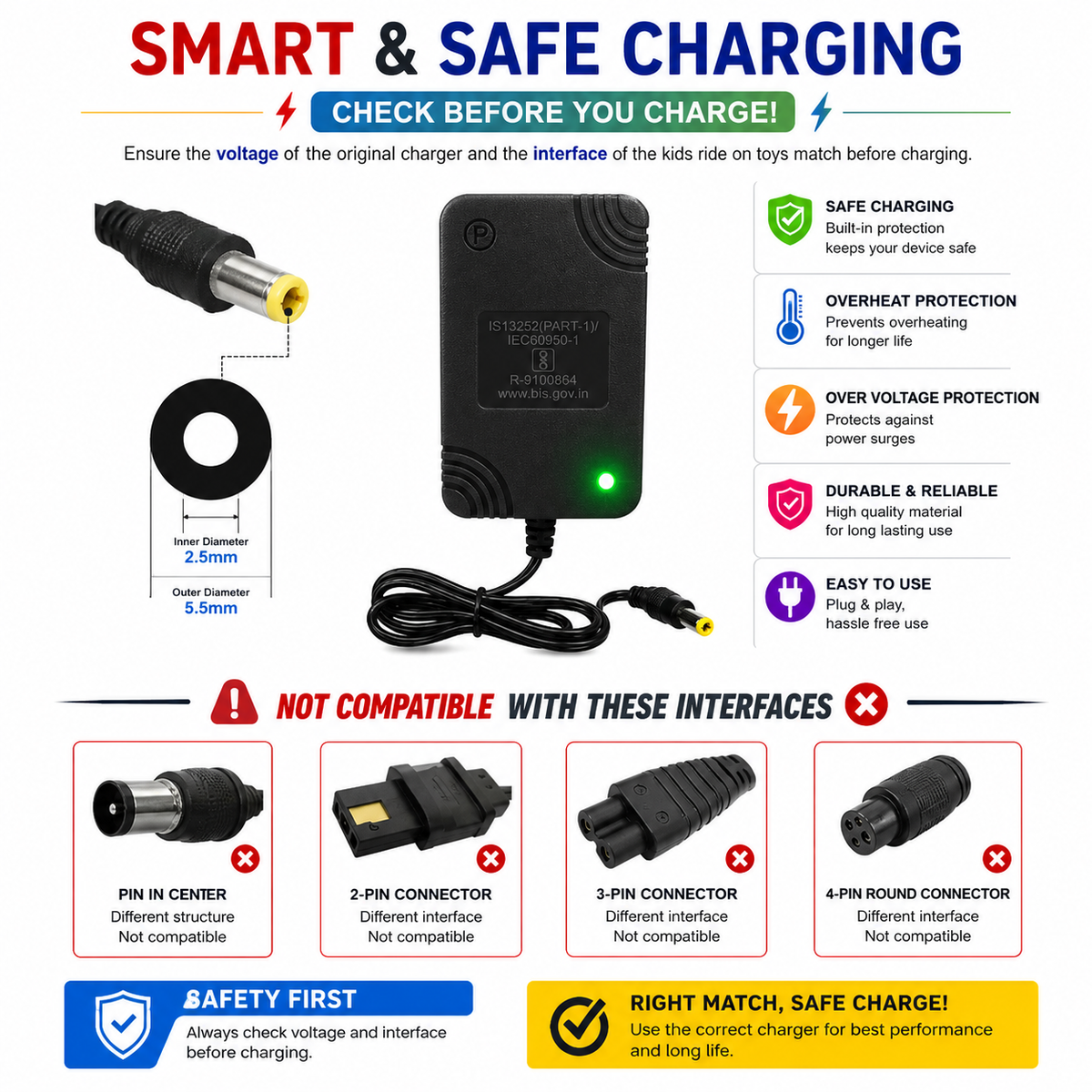 12V Ride-On Battery Charger with LED Indicator – 5.5 mm Pin – view 2