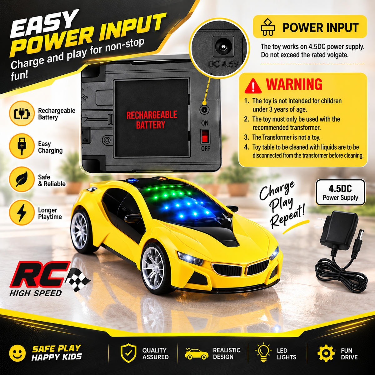 3D RC Sports Car with LED Lights – Ages 4+ – view 10