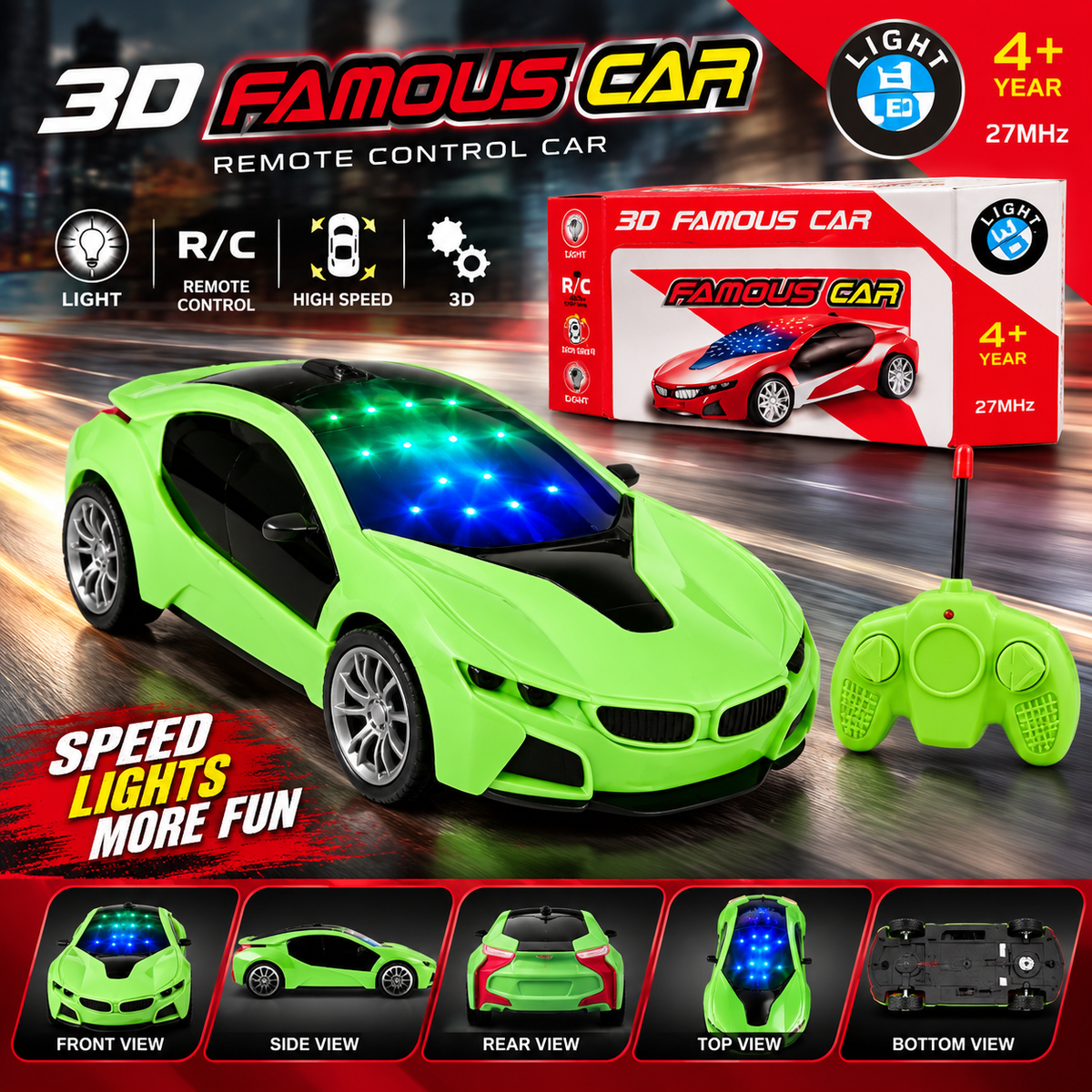 3D RC Sports Car with LED Lights – Ages 4+ – view 6