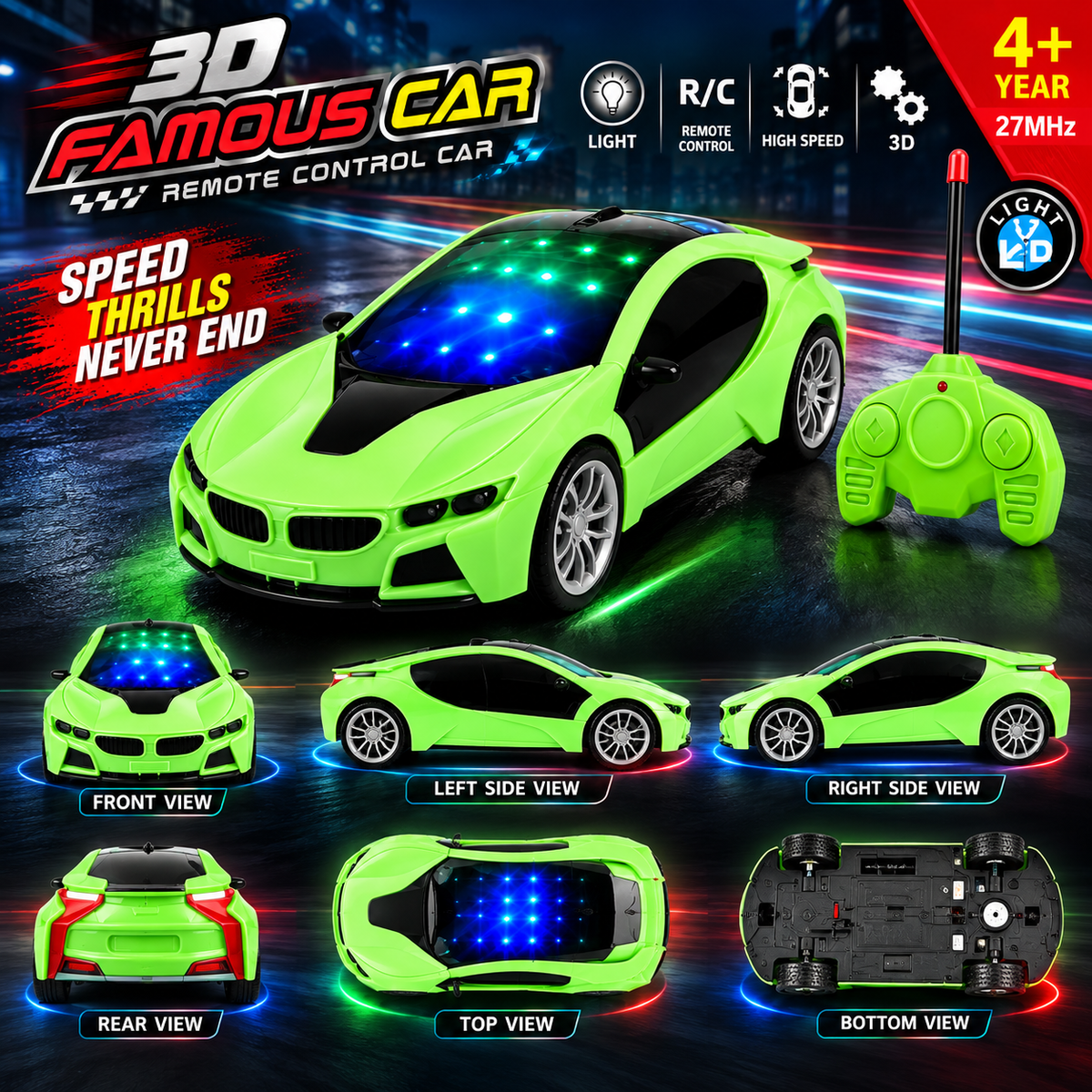 3D RC Sports Car with LED Lights – Ages 4+ – view 7