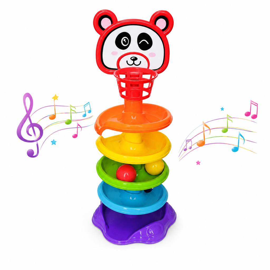 Panda ball drop tower with balls rolling down the tracks
