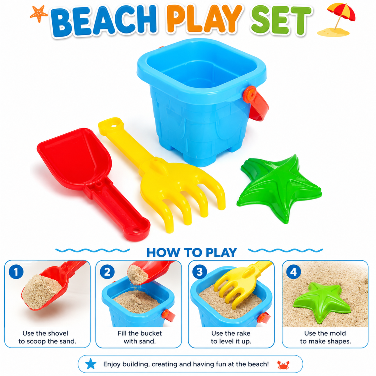 Beach Sand Play Set – Bucket, Shovel, Rake & Mould – Next Gen Toys