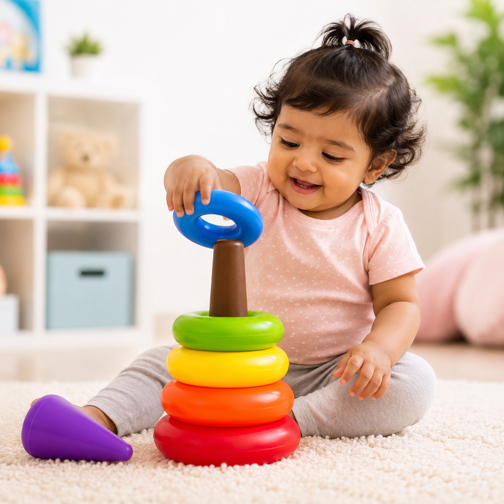 Colourful stacking rings toy with cone-shaped top