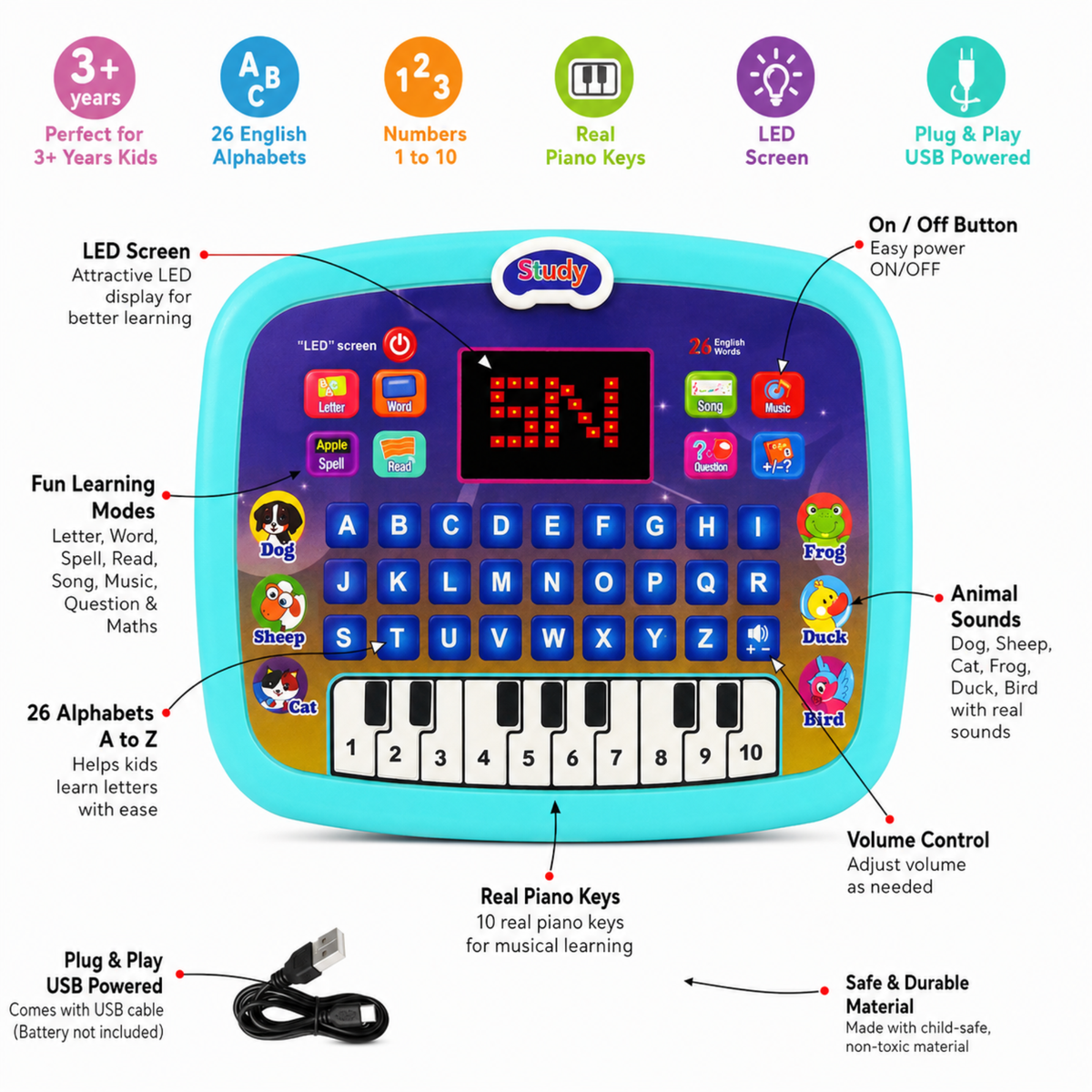 Kids Learning Tablet with LED Display & Piano – 3+ Years – view 3