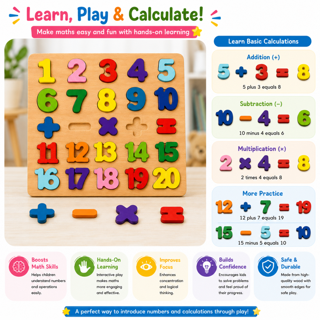 Wooden number pieces and maths symbols laid out as a sum