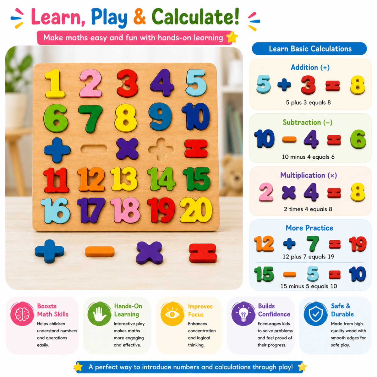 Wooden number pieces and maths symbols laid out as a sum
