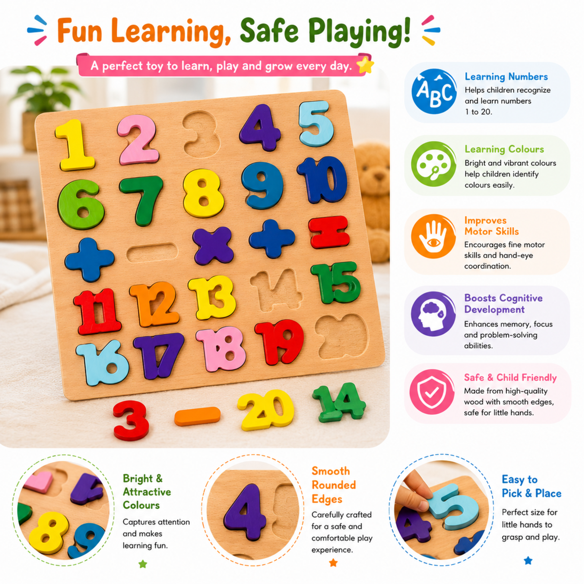 Features of the wooden number puzzle board for kids