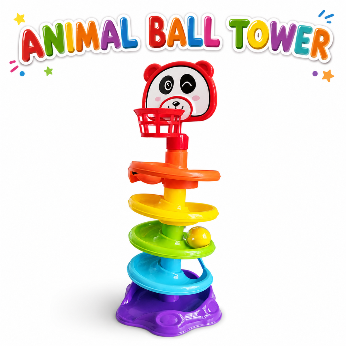 Panda ball drop tower toy with colourful spiral tracks
