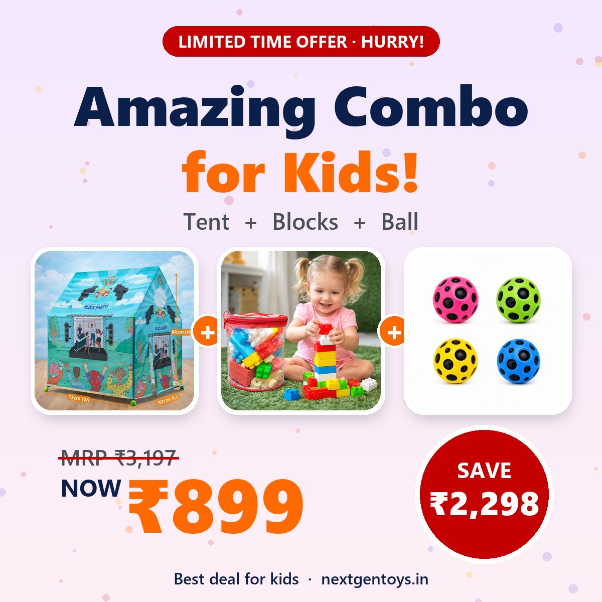 Play Trio combo – tent, building blocks and ball for ₹899 (MRP ₹3,197) – Next Gen Toys