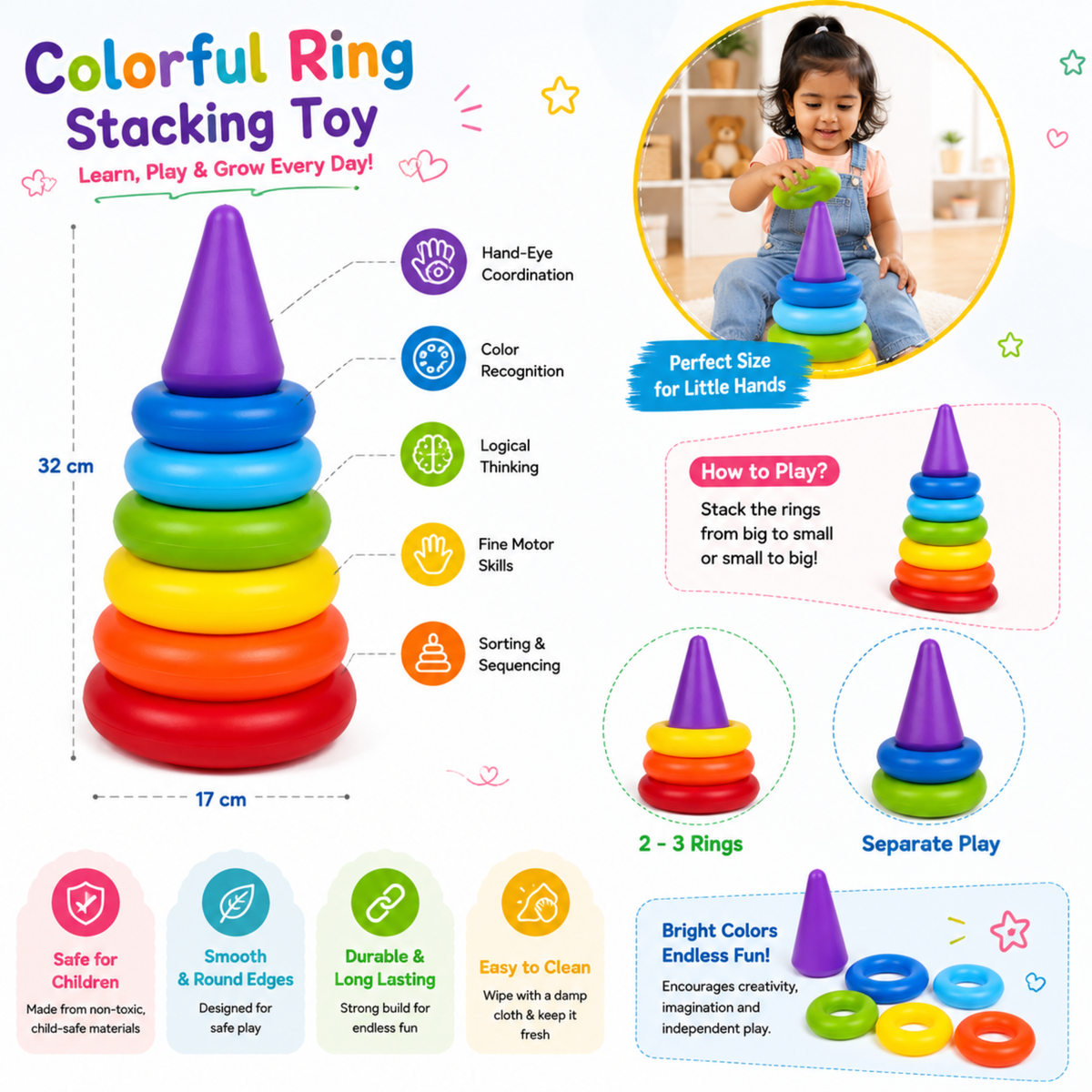 Rainbow stacking rings toy for toddlers